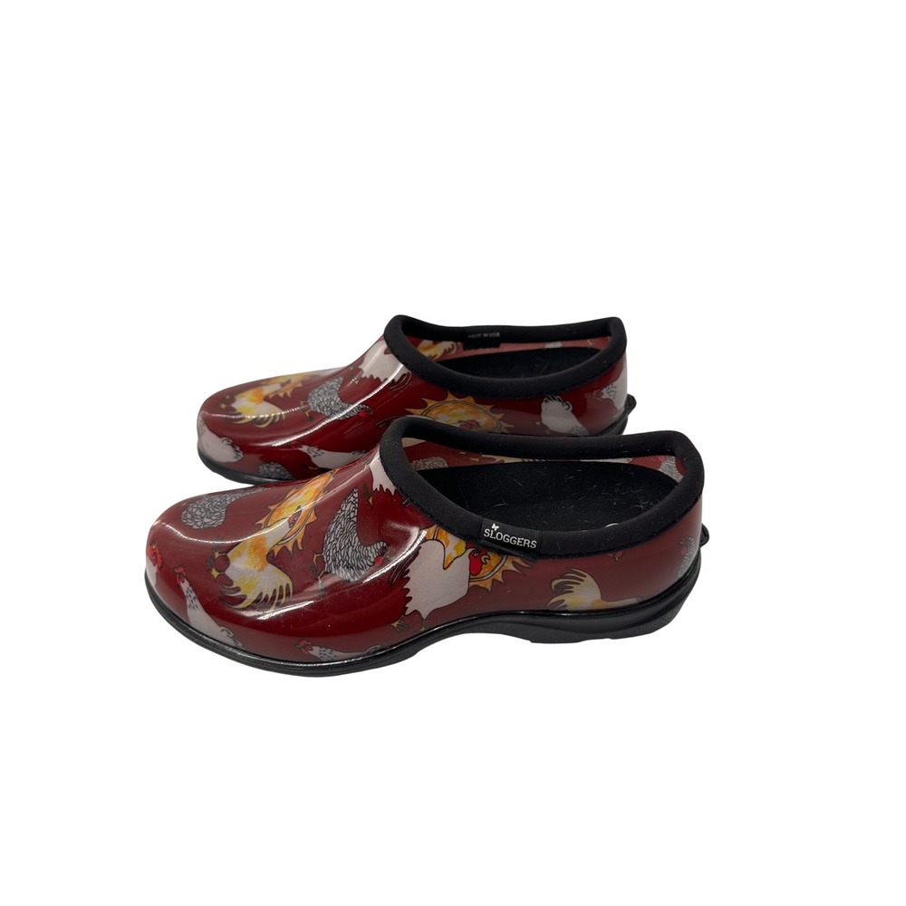 Sloggers Garden Shoes Chicken Rooster Print Size 9 Red Waterproof Clog Farmhouse